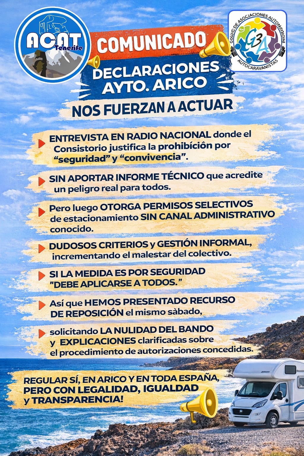 Desde ACAT Tenerife queremos informar a nuestros Soci@s lo sucedido tras la entrevista emitida el pasado martes 7 de marzo en los informativos de Radio Nacional de España, donde responsables del Ayuntamiento de Arico justificaron la prohibición de estacionamiento en La Jaca por motivos de “seguridad” y “convivencia”.