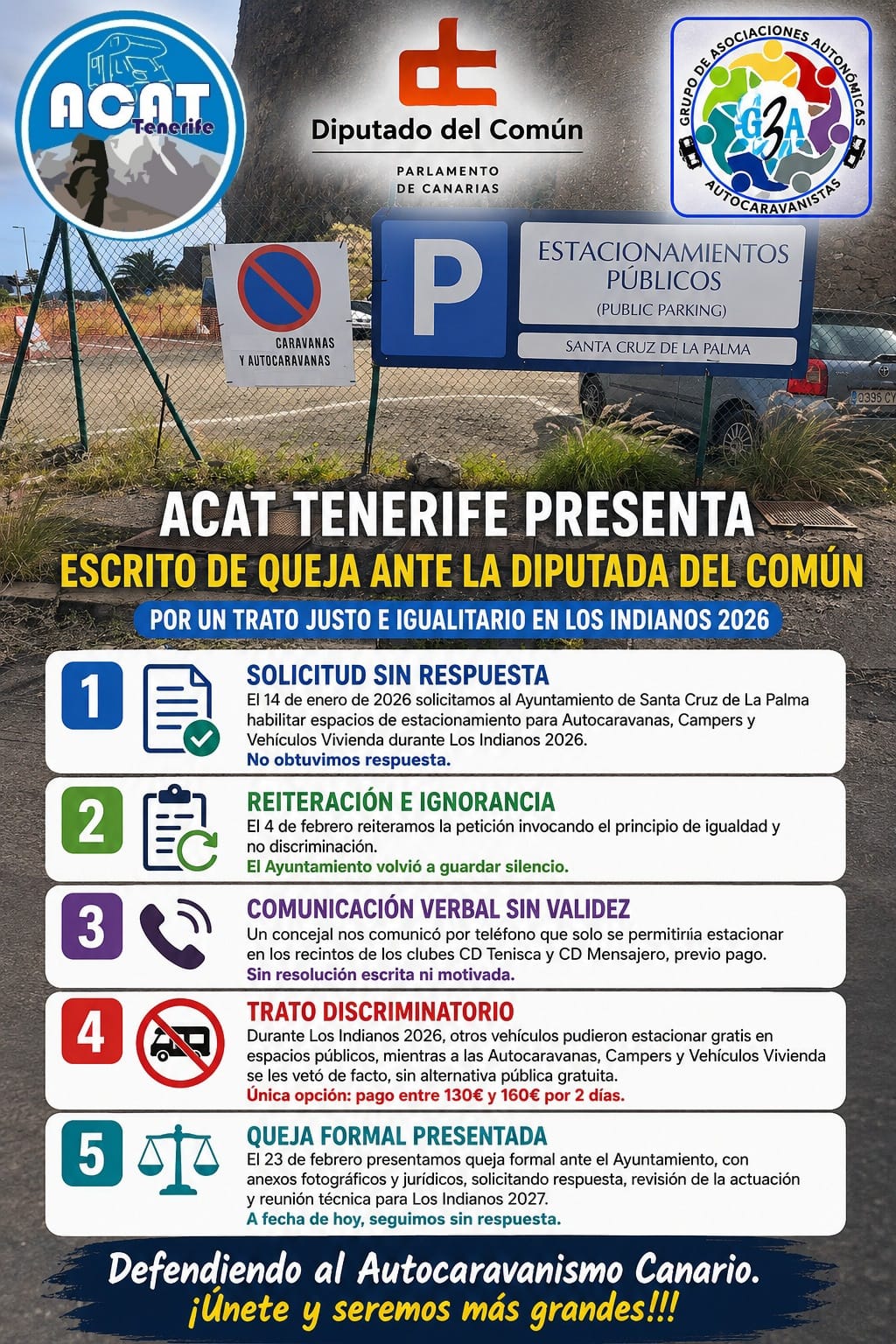 ACAT Tenerife ha presentado formalmente un escrito de queja ante la Diputada del Común de Canarias