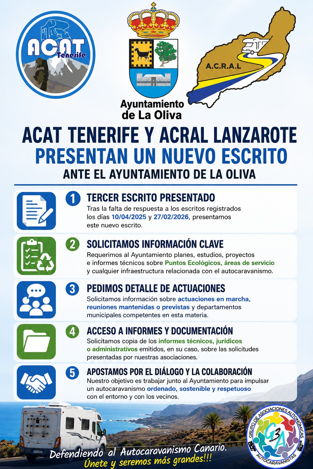 ACAT Tenerife y ACRAL Lanzarote han presentado un nuevo escrito ante el Ayuntamiento de La Oliva