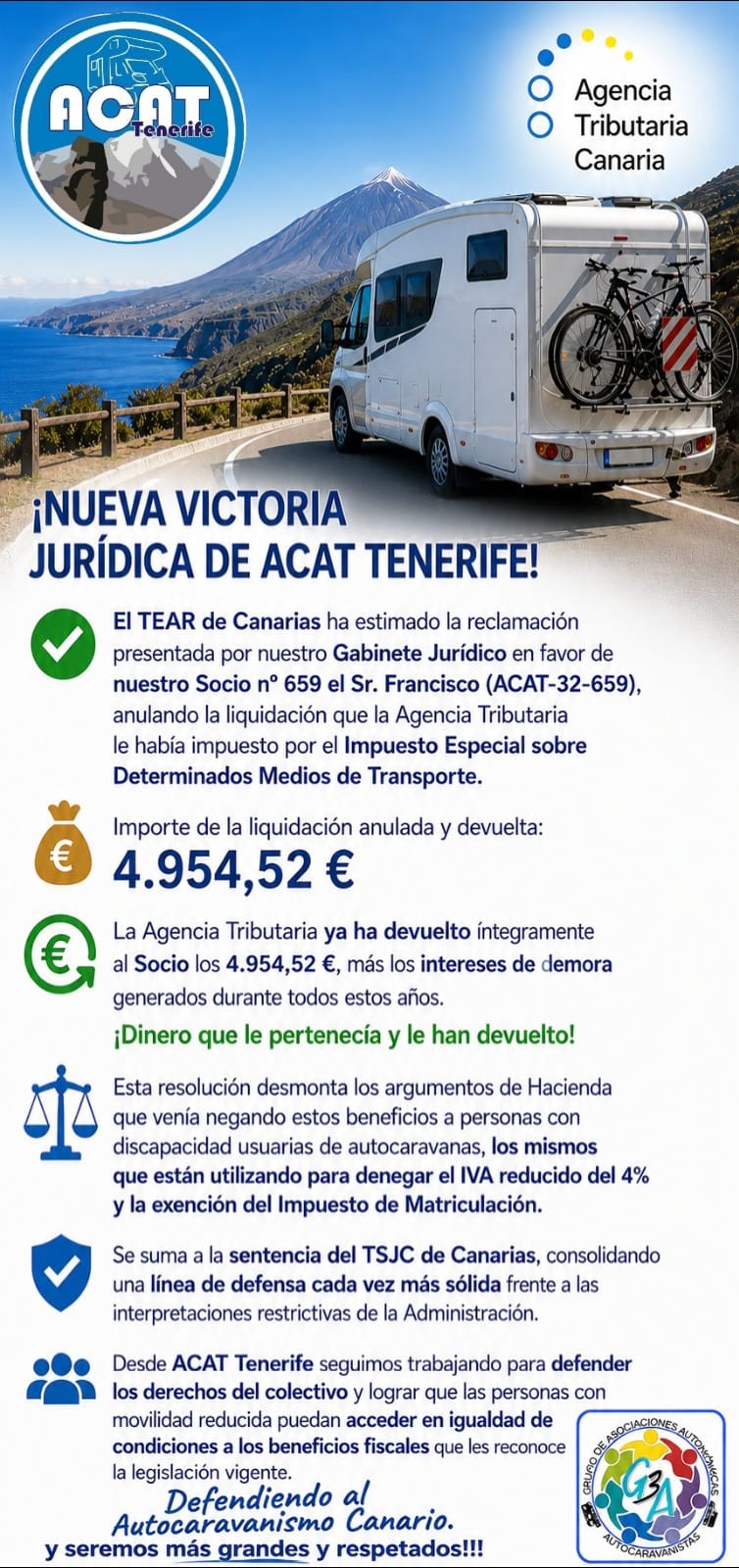 El Tribunal Económico-Administrativo Regional (TEAR) de Canarias ha estimado la reclamación presentada por nuestro Socio nº 659 Sr. Francisco