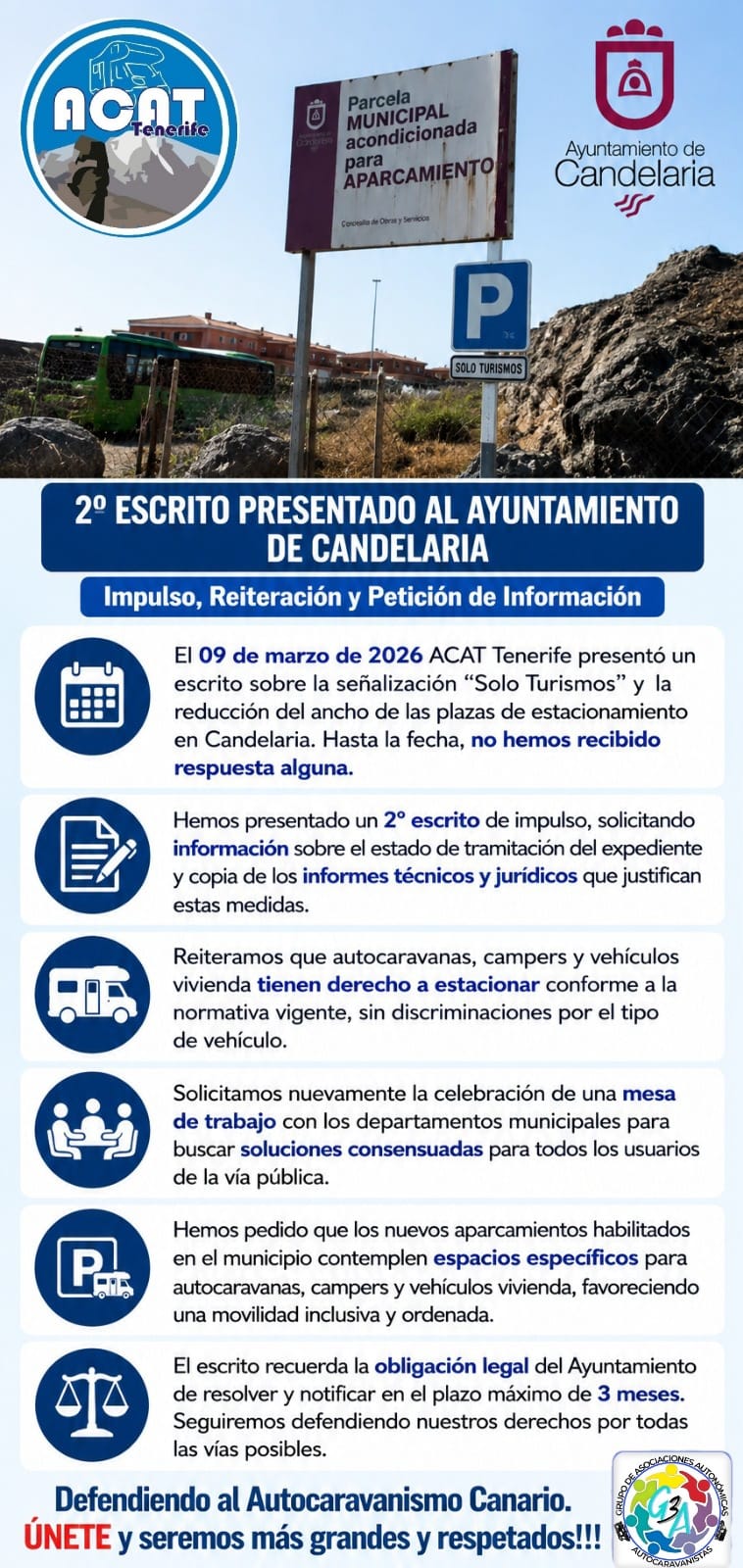 ACAT Tenerife presenta un 2º Escrito al Ayuntamiento de Candelaria ante la falta de respuesta al expediente iniciado el pasado 09 de marzo de 2026.
