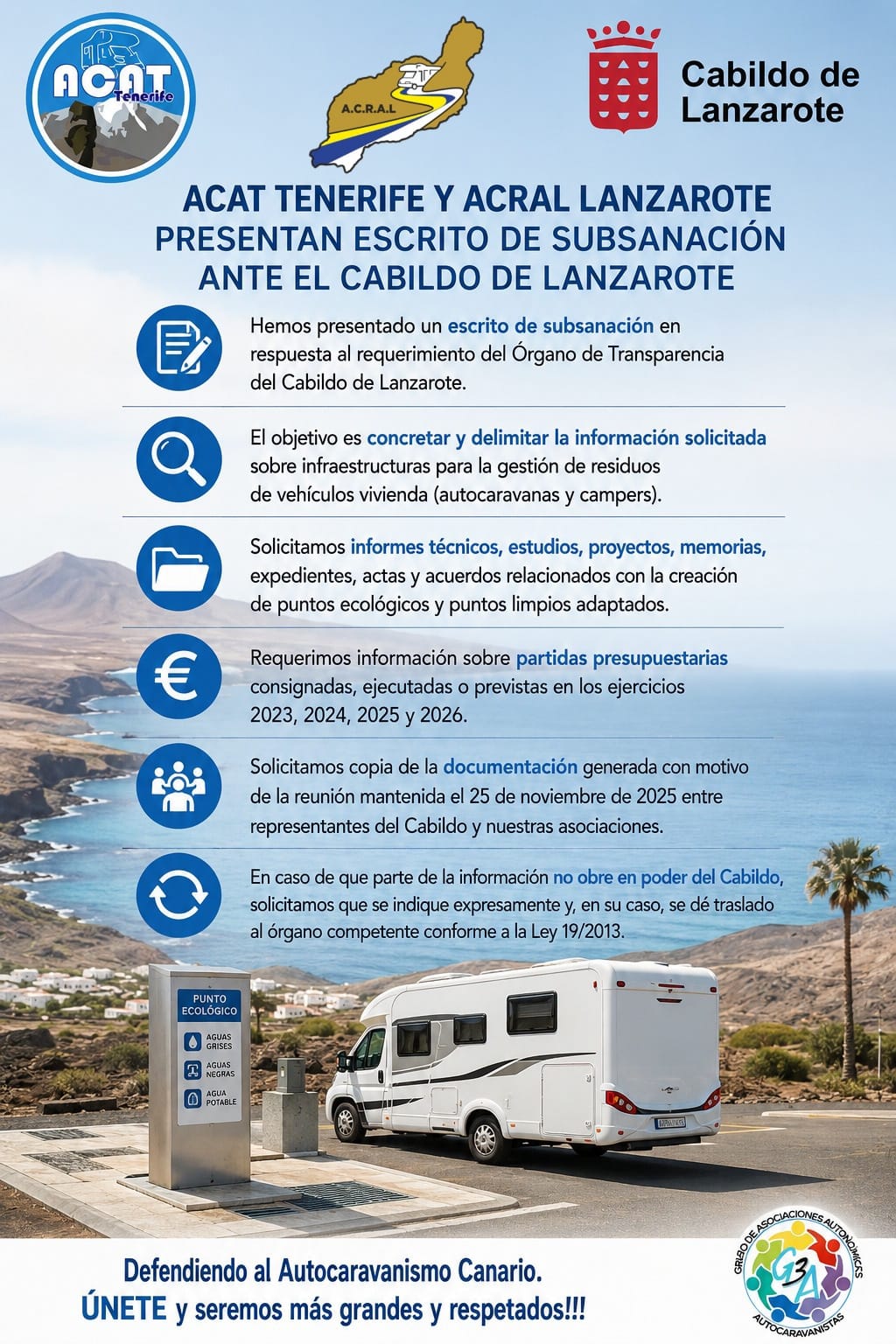 Una vez más, ACAT Tenerife y ACRAL Lanzarote han presentado esta vez, un escrito de subsanación ante el Cabildo de Lanzarote