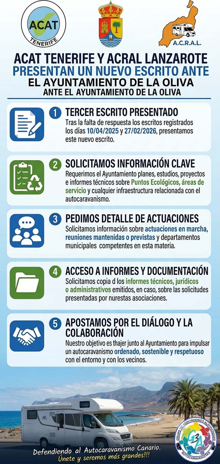 ACAT Tenerife y ACRAL Lanzarote han presentado un nuevo escrito ante el Ayuntamiento de La Oliva