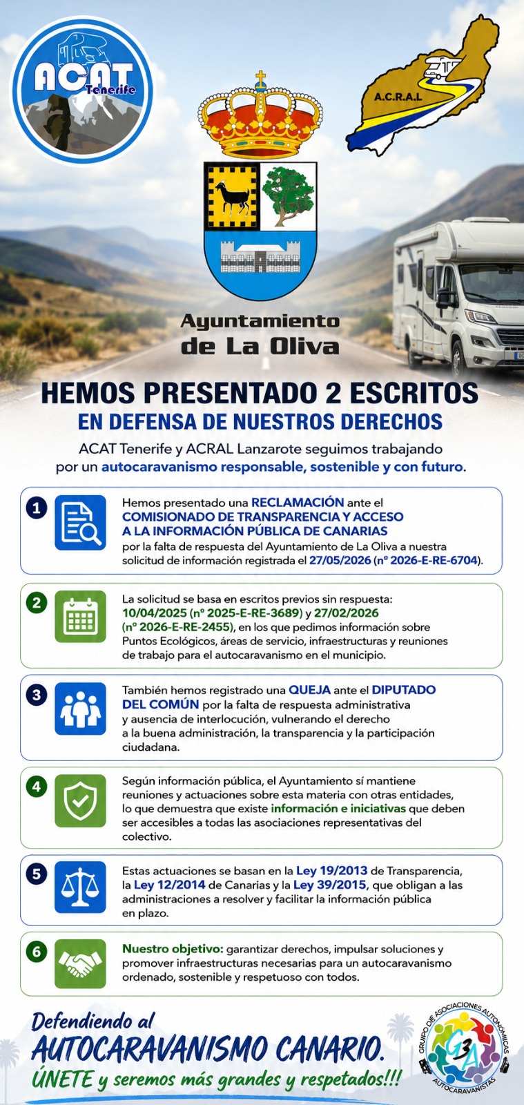 ACAT Tenerife y ACRAL Lanzarote continúan defendiendo los derechos del colectivo. Tras la falta de respuesta del Ayuntamiento de La Oliva