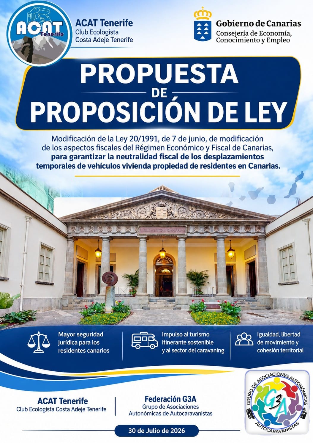El pasado 30 de julio, una representación de ACAT Tenerife mantuvo una reunión institucional en la sede del Parlamento de Canarias con representantes del Grupo Parlamentario Popular