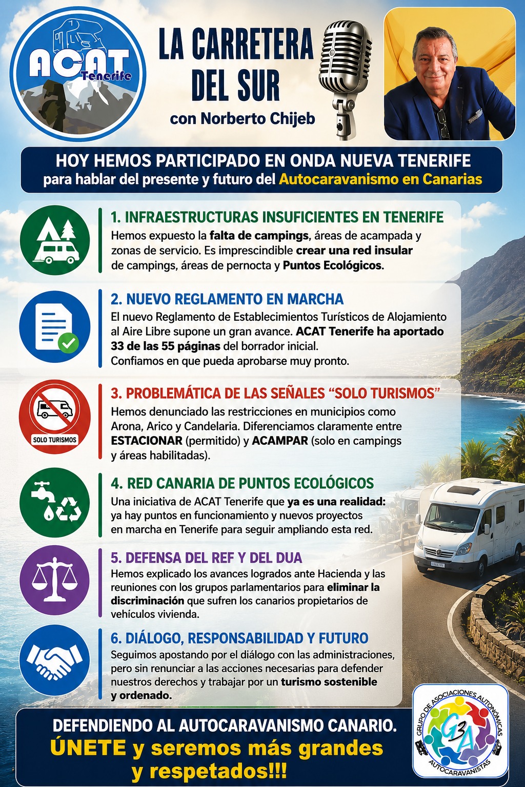 ACAT Tenerife lleva a Onda Nueva Tenerife la realidad y el futuro del Autocaravanismo Canario