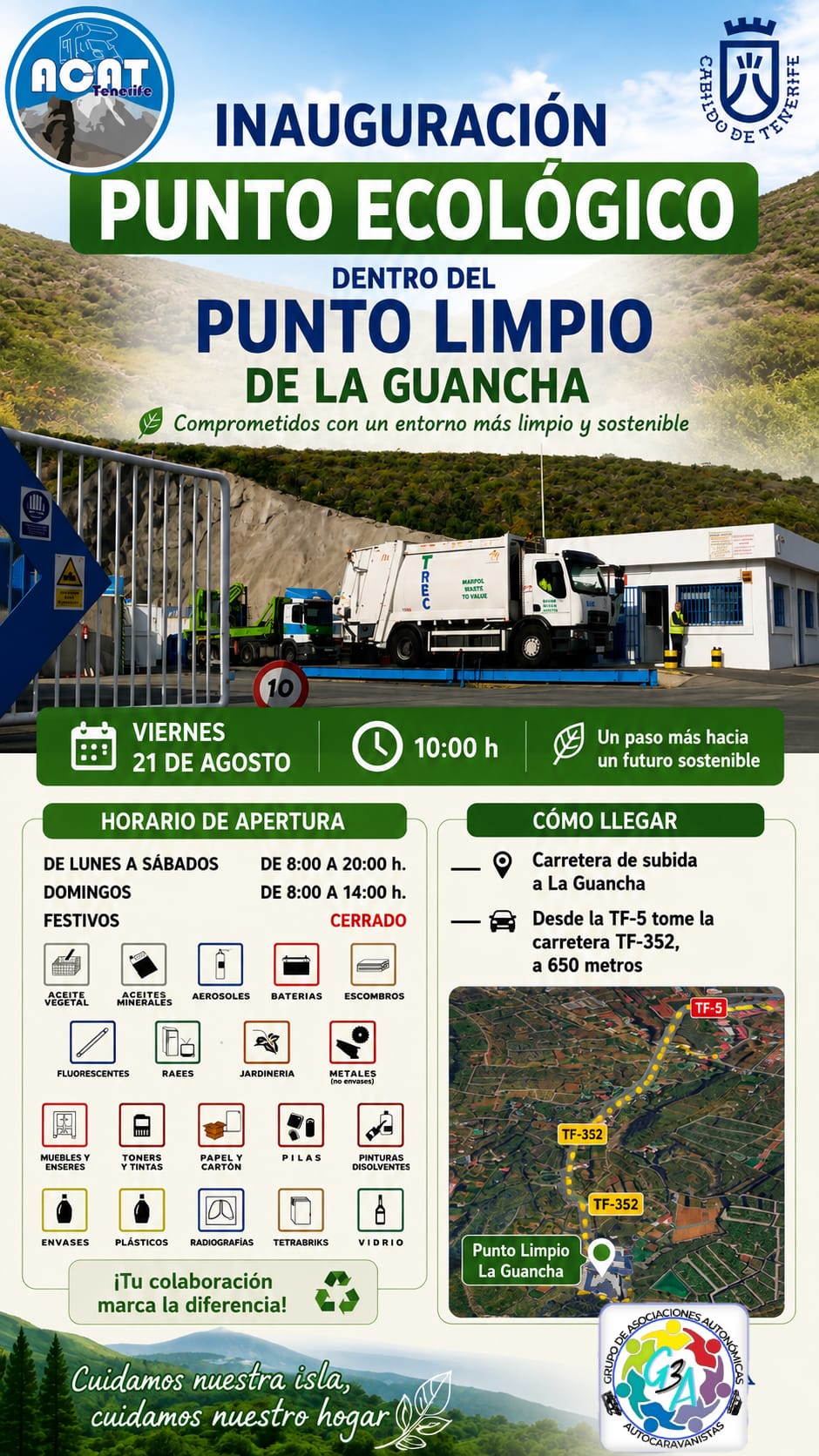El viernes 21 de agosto, a las 10:00 horas, tendrá lugar la inauguración del Punto Ecológico del Punto Limpio de La Guancha,