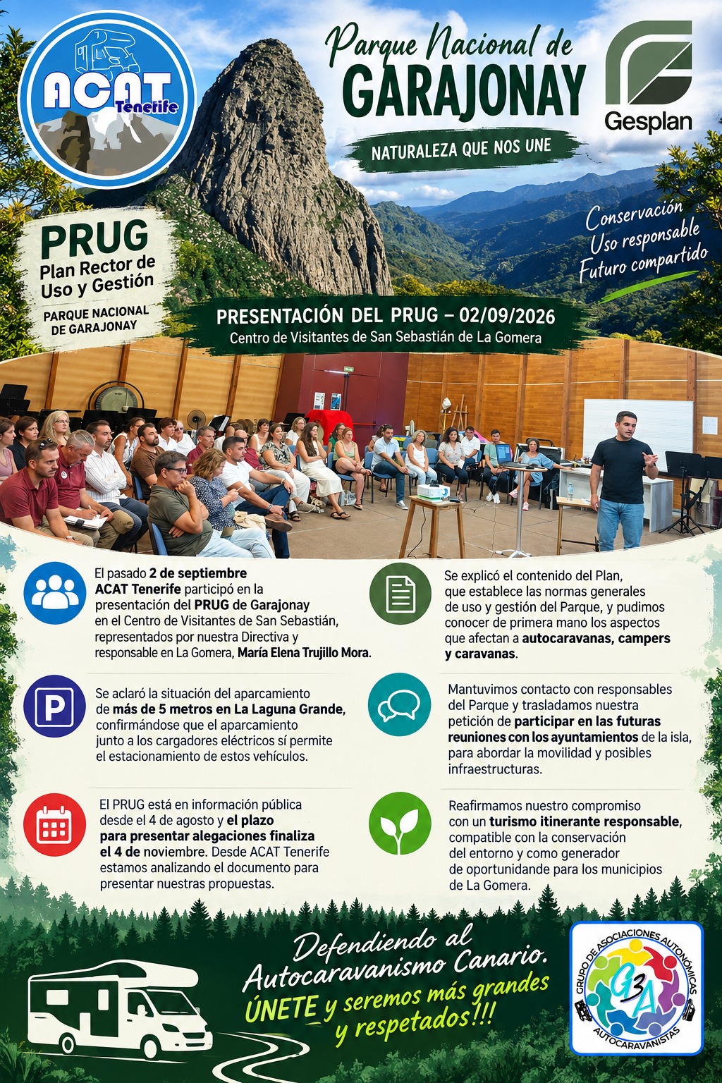 ACAT TENERIFE estuvo presente el pasado 2 de septiembre en la presentación del Plan Rector de Uso y Gestión (PRUG) del Parque Nacional de Garajonay.